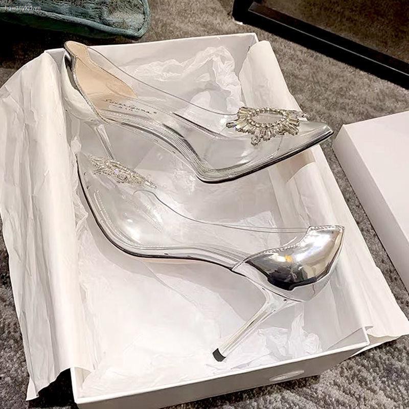 ℗high heels female 2021 new crystal diamond buckle transparent single shoes stiletto pointed toe fashion all-match fairy wedding