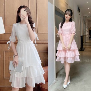 Váy Trắng Tinh Khôi Cổ Bèo Ngắn Tay 3Tầng - Váy Trắng Tiểu Thư Xinh Xắn