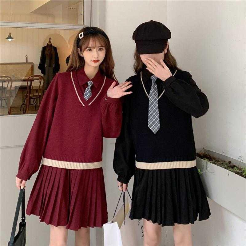 Set đầm tay dài dáng rộng thiết kế kiểu chân váy tennis + cà vạt ca rô + áo ghi lê dáng rộng thời trang