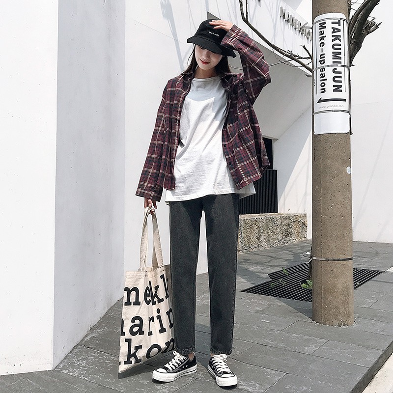 Quần baggy jean trơn cạp cao màu xám khói chất dày dặn phong cách ulzzang cao cấp