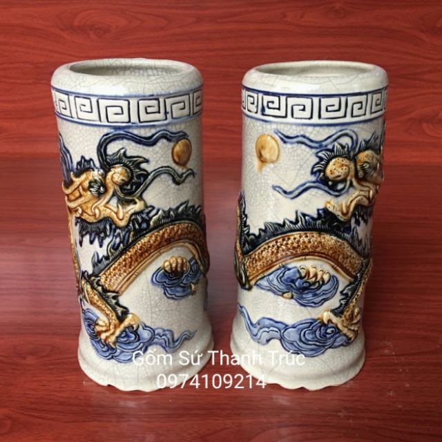 Đồ thờ ống hương rồng nổi men rạn cổ - cao 24cm
