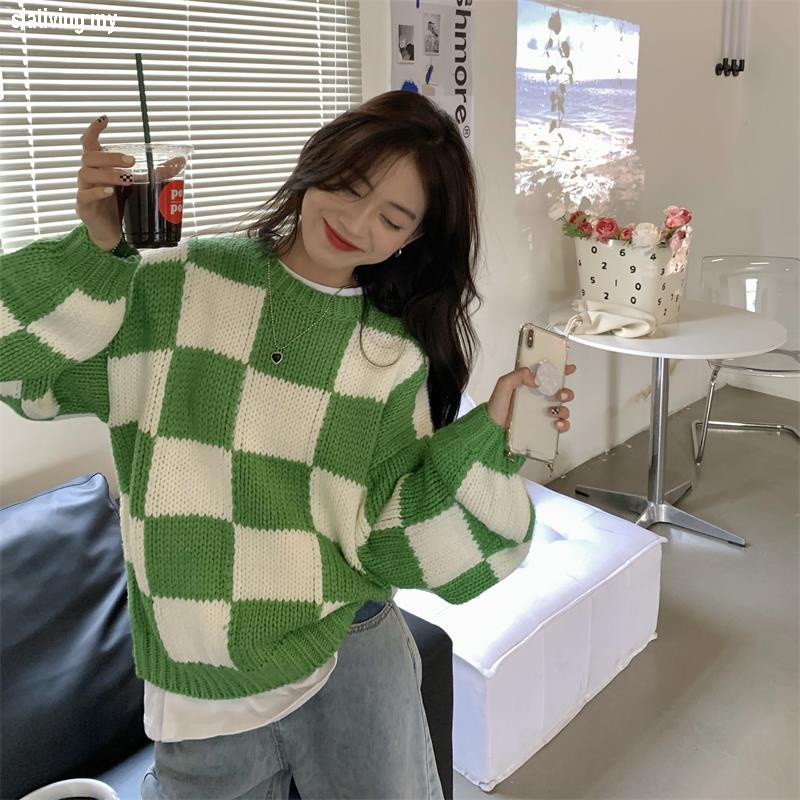 Áo sweater Dệt Kim Dáng Rộng Kẻ Sọc Caro Màu Xanh Lá Cây Thời Trang Thu Đông Cho Nữ Sinh