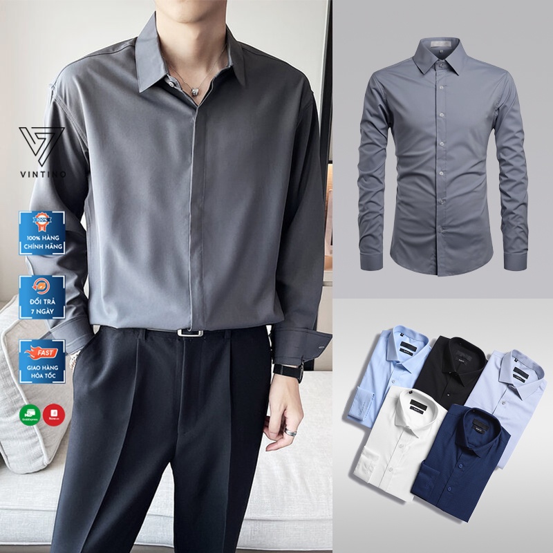 Áo sơ mi nam cổ bẻ dáng ôm Hàn Quốc, Áo sơ mi trắng nam vải lụa cotton VINTINO SMR