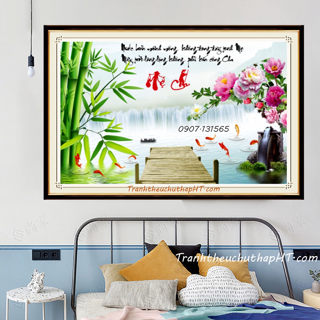 Tranh đính đá tự làm - Tranh thêu chữ thập Cha mẹ LV3537, LV579 - Chưa thêu