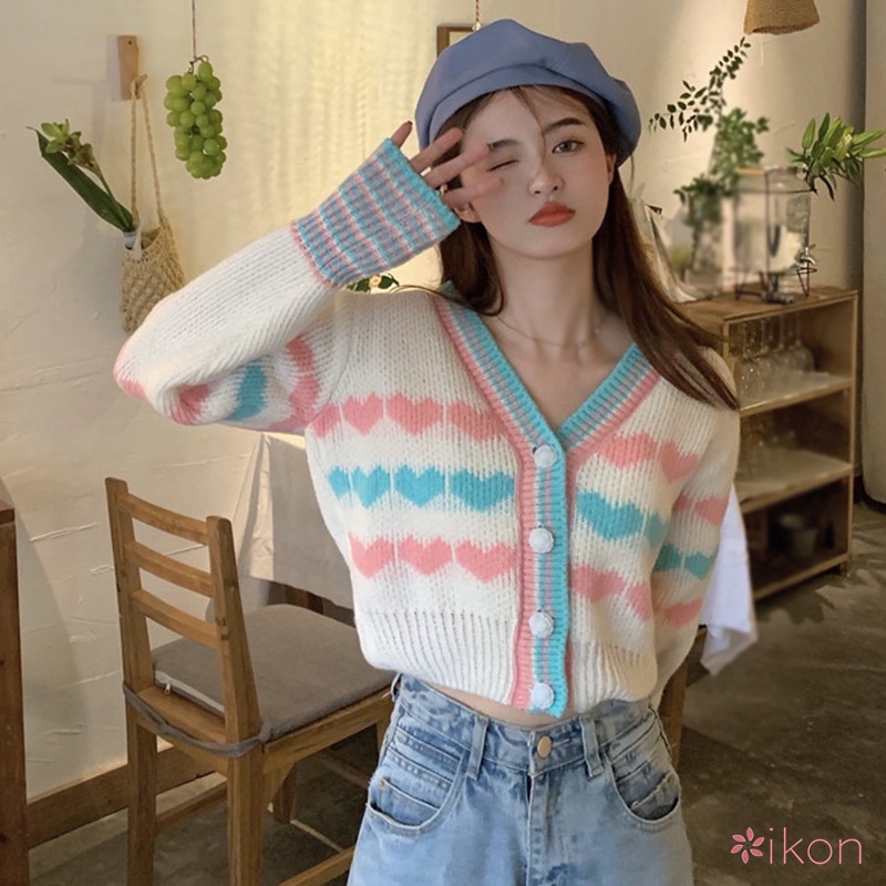 Áo Khoác Cardigan Dài Tay Cổ Chữ V Phối Màu Xinh Xắn Dành Cho Nữ