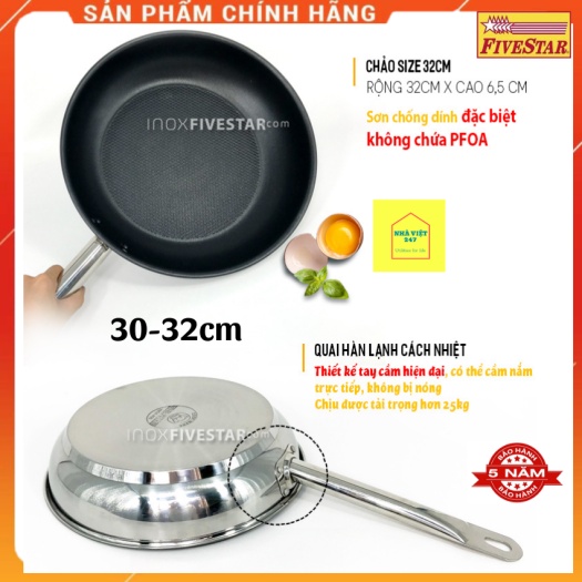 Chảo chống dính Fivestar 30-32cm-dùng bếp từ-Inox 430-3 đáy-Chảo rán,chiên,nướng cao cấp,giá rẻ,chính hãng-BH 5 năm