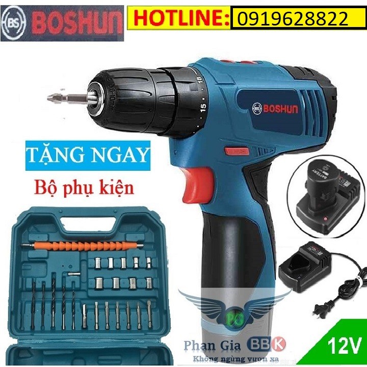 Máy khoan bắt vít cầm tay dùng pin, Máy khoan pin BOSHUN 12V  tặng bộ phụ kiện mũi khoan Sạc cao cấp 220V - 2 PIN