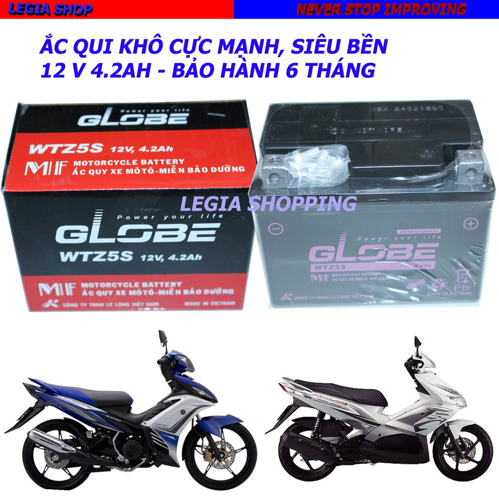 BÌNH ẮC QUI XE MÁY GLOBE WTZ5S - 12V 4.2AH GẮN WAVE RS100, RS110, AIR BLADE 110, EXCITER 135 / 150