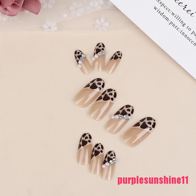 24X Leopard Pearl French Nails Art Tips Fake Nail Press On Full Cover Arti