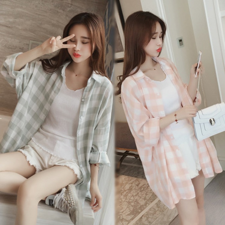 Áo Sơ Mi Tay Dài Dáng Rộng Kẻ Sọc Caro Màu Xanh Lá / Hồng Size S-2Xl