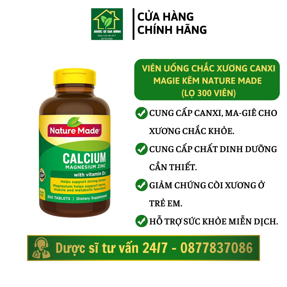 Viên uống chắc xương canxi magie kẽm Nature Made lọ 300 viên bổ sung dưỡng chất cho cơ thể- Shop dược sĩ gia đình