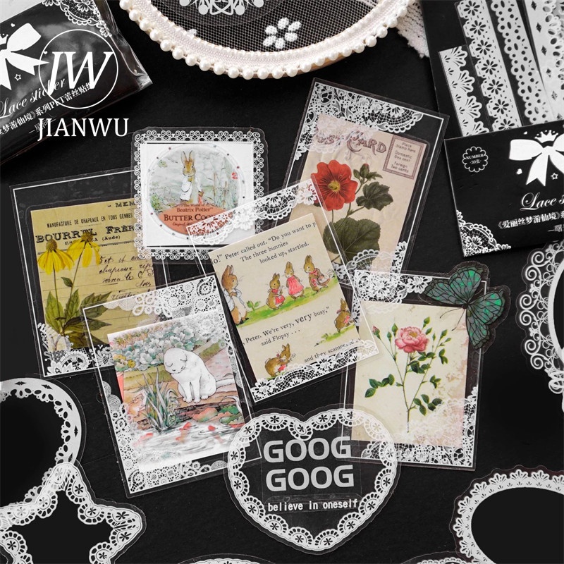 Bộ 15 Miếng Dán Trang Trí Sổ Tay/Nhật Ký DIY Phối Ren Kiểu Vintage Sáng Tạo