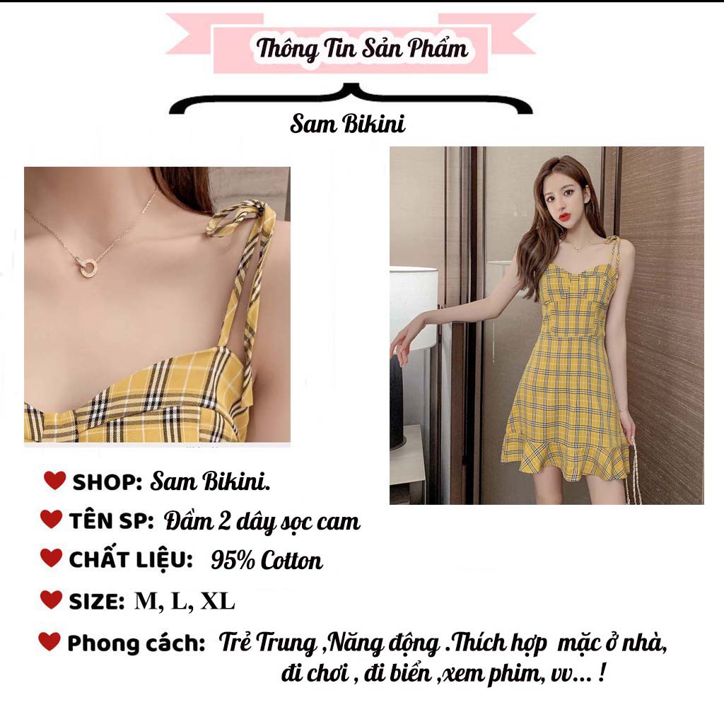 Đầm nữ, váy nữ 2 dây họa tiết caro vàng dễ thương