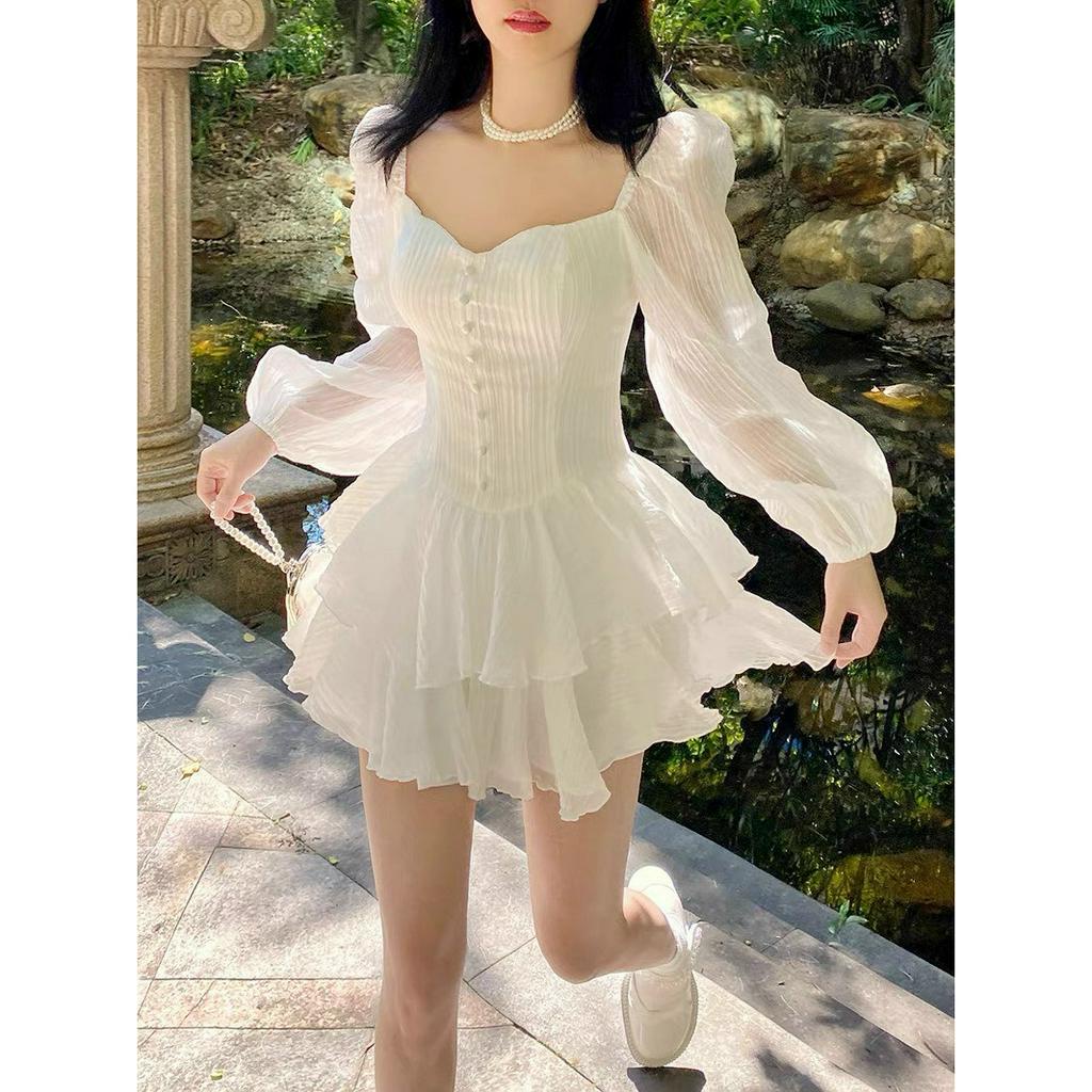 Đầm Xoè Công Chúa, Đầm Babydoll Tay Bồng 2 tầng Voan Sọc nút bọc Thiết kế Cao cấp (hàng quang châu) tiểu thư dự tiệc dạo