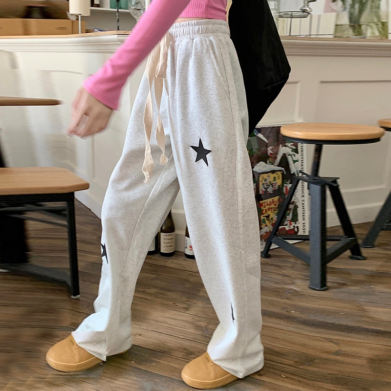 Quần thể thao ZHELIHANGFEI lưng cao ống rộng phong cách preppy thời trang cá tính