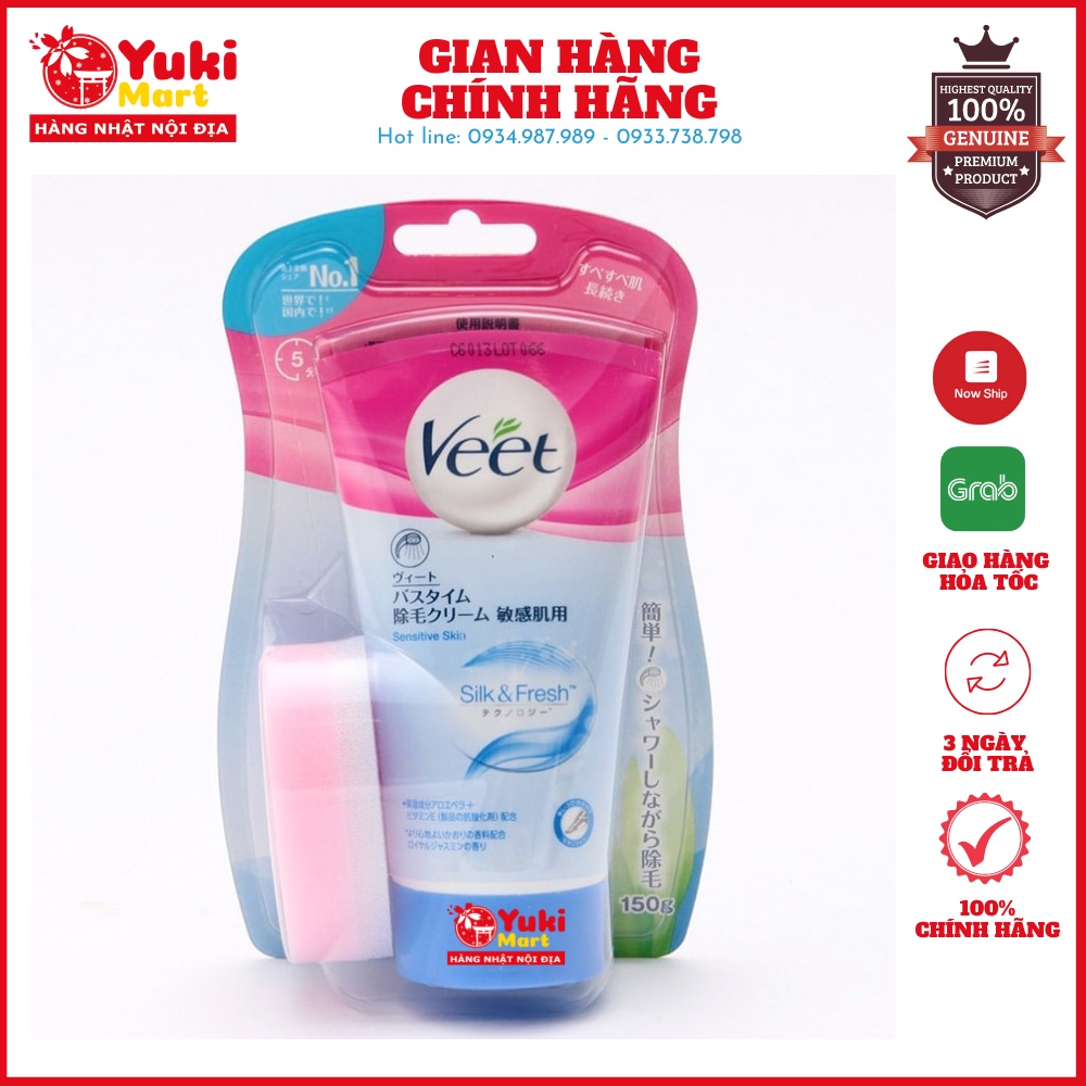 Kem wax Lông Veet Silk &amp; Fresh Hair Removal Cream cho da nhạy cảm 150g nội địa Nhật Bản