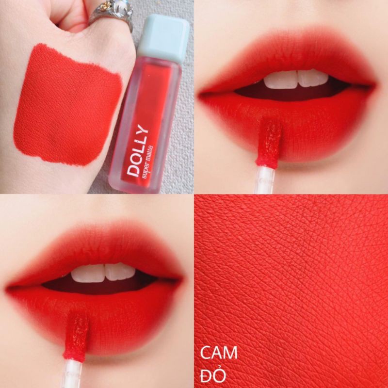 Son kem lì màu cam đỏ Dolly super matte, son kem lì không chì bền màu lâu trôi, mua 2 cây tặng 1 hộp đựng cao cấp