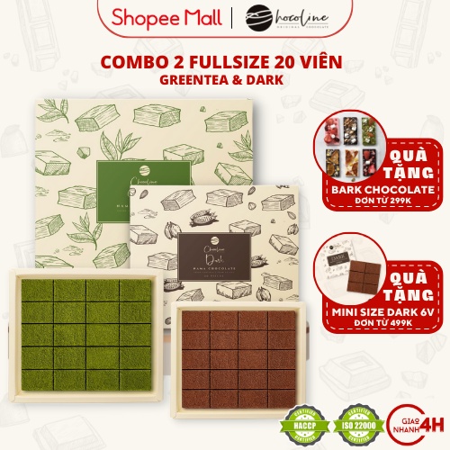 Socola Tươi Chocoline Vị Dark (75% Cacao) và Matcha - Combo 2 hộp 6 viên (80 Gram)