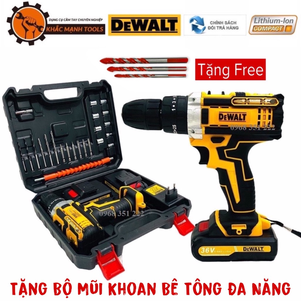Máy Khoan Pin DeWaLT 36V 3 chức năng, Tặng kèm bộ 3 mũi khoan bê tông