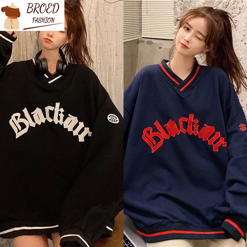 Áo Hoodie Dáng Rộng Cổ Chữ V Thêu Chữ Thời Trang