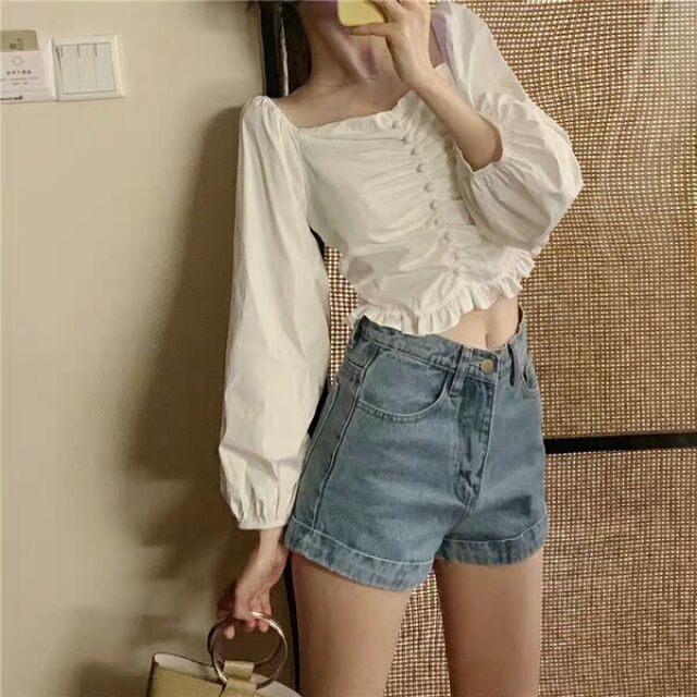 Áo Sơ Mi Cổ Vuông Croptop [ Có ảnh thật order 5 - 7 ngày ]