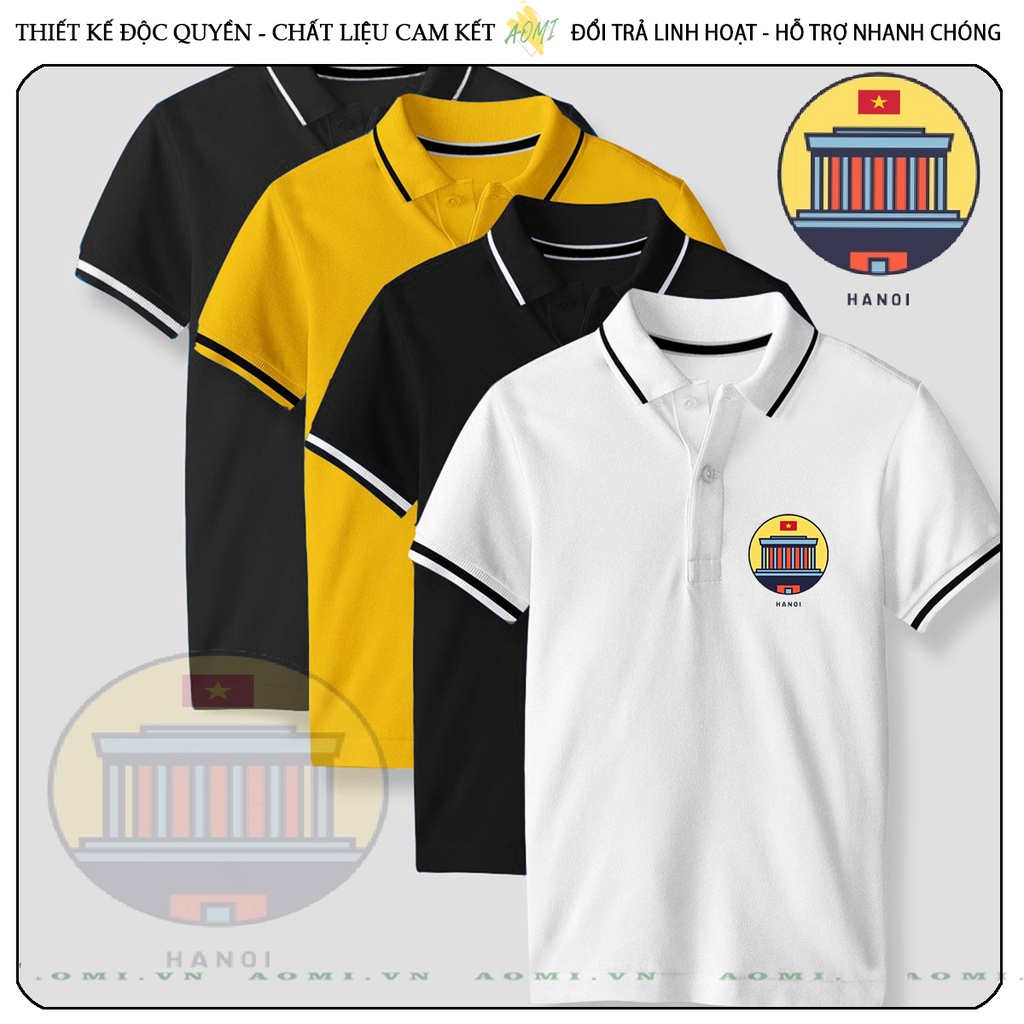 ÁO POLO HÀ NỘI LĂNG BÁC VIỆT NAM CHẤT THUN CÁ SẤU MÈ ĐEN TRẮNG VÀNG UNISEX PHÔNG NAM NỮ THUN CỔ BẺ BASIC GIA ĐÌNH AOMIVN