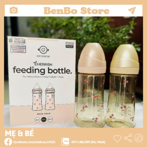 Bình sữa Grosmimi x Dottodot - Dot to dot Cherry nội địa Hàn cho bé size 200ml - 300ml