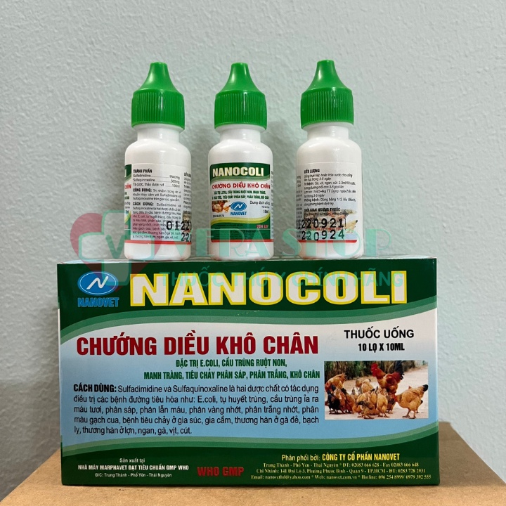 NANOCOLI 10ML - Chướng diều, khô chân, cầu trùng ruột non, tiêu chảy phân sáp phân trắng cho heo, gà vịt