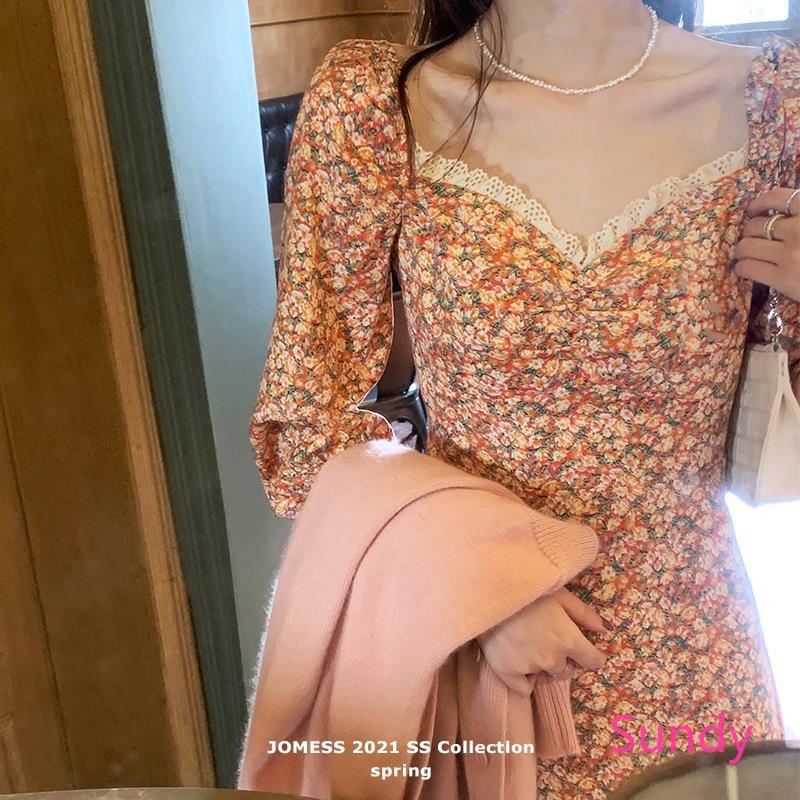 Đầm Dáng Dài Cổ Vuông In Họa Tiết Hoa Phong Cách Retro Pháp