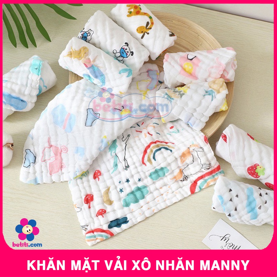 Khăn Mặt Xô Cho Bé, Khăn Rửa Mặt Manny Vải Nhăn Mềm Mại, Thấm Hút , 6 Lớp In Họa Tiết Dễ Thương