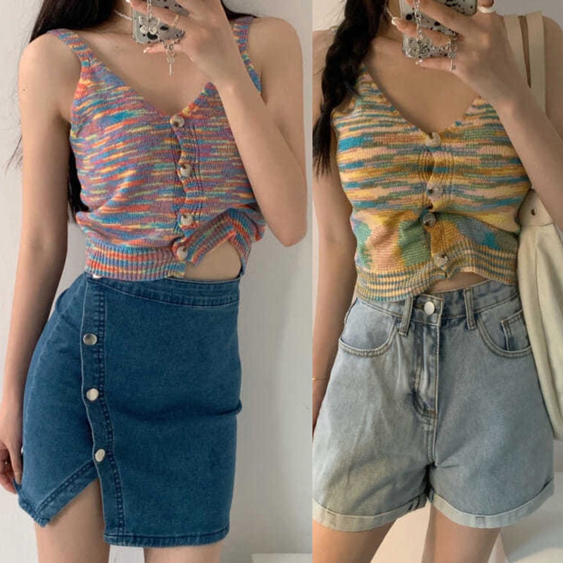 Áo Croptop Dệt Kim Không Tay Cổ Chữ V Họa Tiết Kẻ Sọc Nhiều Màu Sắc Phong Cách Vintage