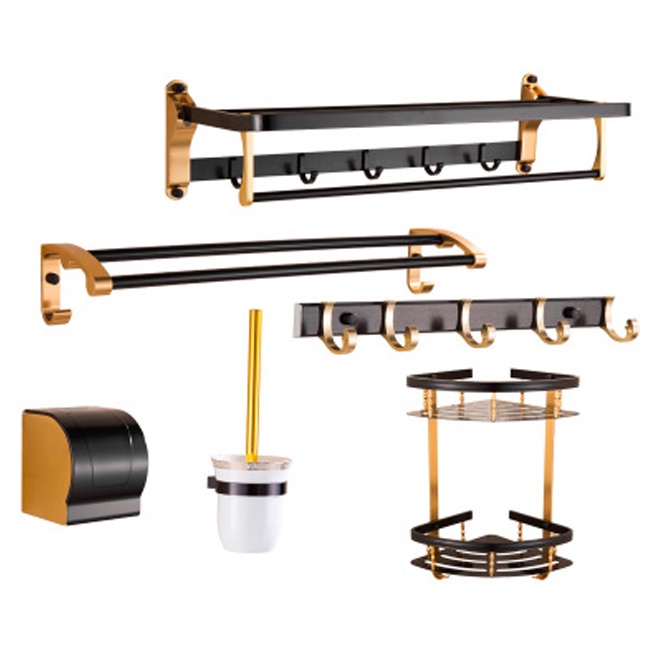 Bộ phụ kiện 6 món hợp kim nhôm mạ đen vàng, phụ kiên 6 món đen