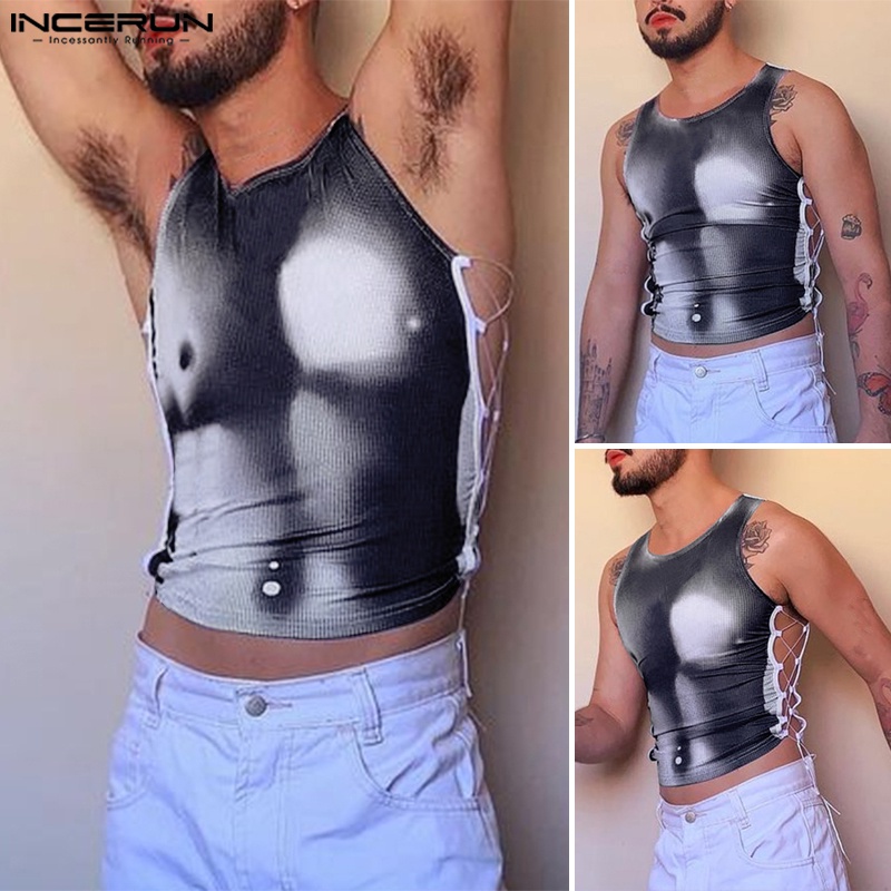 Áo tank top INCERUN cột dây bên hông in họa tiết cơ bắp thời trang quyến rũ cho nam