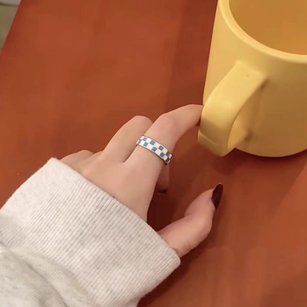 Nhẫn Hở Hai Màu Họa Tiết Bàn Cờ Thời Trang Đơn Giản Có Thể Điều Chỉnh