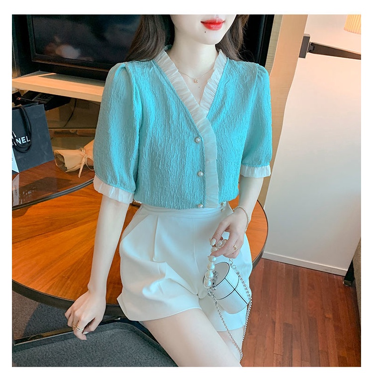 AMOI Áo Voan Tay Phồng Ngắn Cổ Chữ V Xinh Xắn Thời Trang Kiểu Pháp Cho Nữ 2022