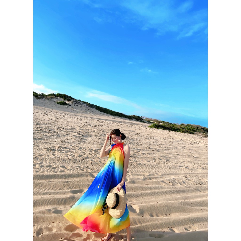 BỐNG MAXISHOP - DM128 -  Váy Maxi Yếm Loang Cam Vàng