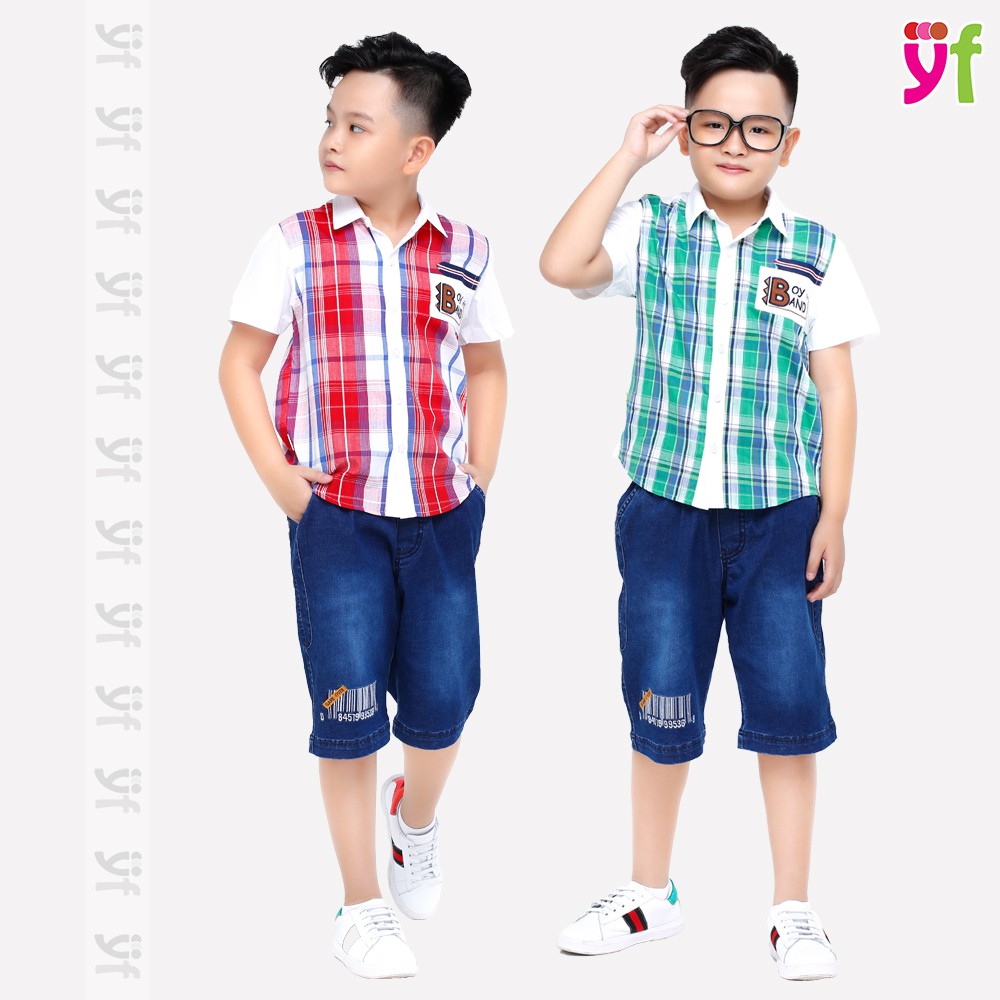 Sơ mi caro bé trai YF, ngắn tay phối 2 màu xanh &amp; đỏ 9AY537