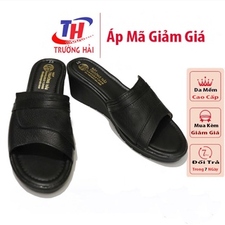 Dép quai ngang nữ da bò đế cao 5cm TH QNN0235