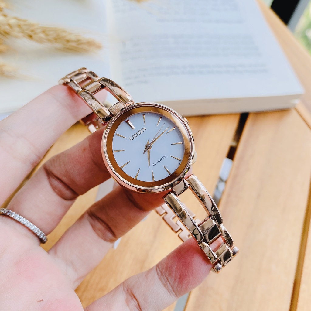 Đồng hồ nữ chính hãng Citizen Axiom Eco-Drive Women's EM0633-53A Rose Gold-Tone Bracelet - Máy pin - Kính cứng