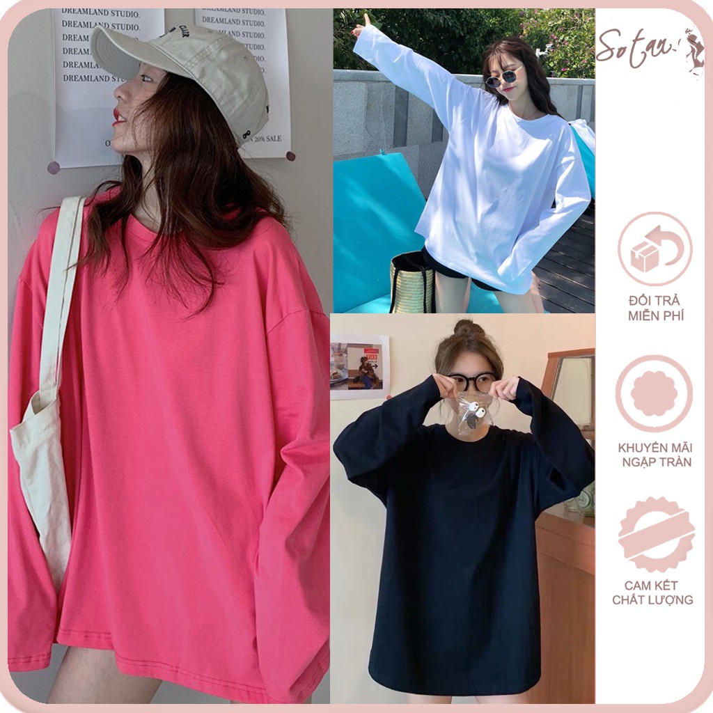 Áo phông nữ dài tay form rộng, áo thun nữ trơn rộng phong cách Hàn Quốc