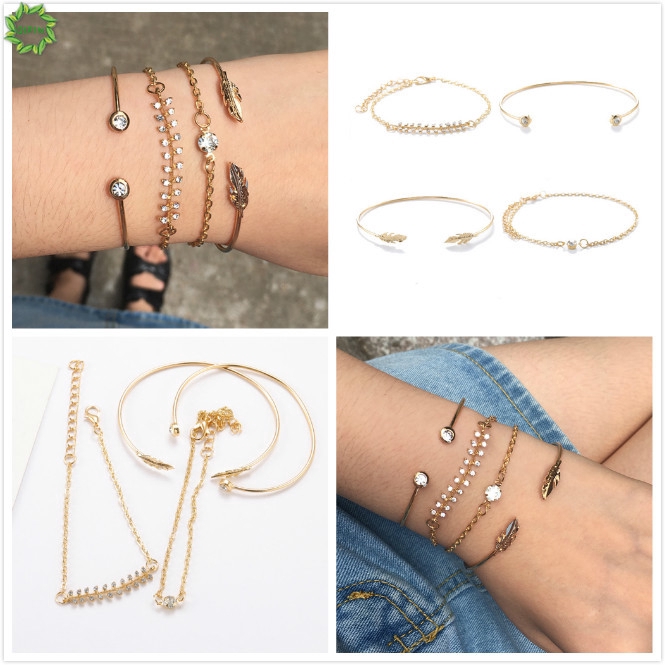 Cod Qipin Korean Charm 4pcs Fashion Rhinestone Gold Leaf Adjustable Opening Bracelet Bangle Set