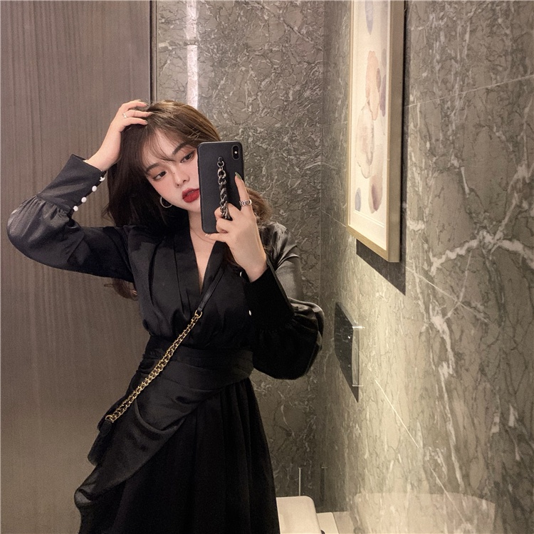 Đầm phi lụa dài tay vạt lệch phong cách Korean style - u.w