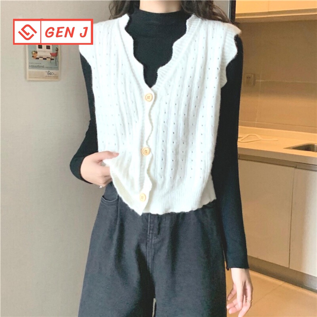 Áo gile len viền lượn sóng cài cúc Ulzzang style  GEN J - 26