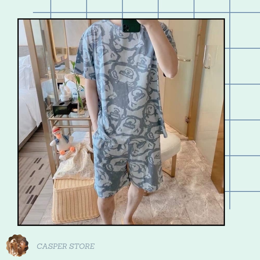 Set gấu xanh senseless unisex ⚡ Casper.Store | FREESHIP | ⚡ Combo bộ ngủ thun suông dáng rộng in hình gấu nam nữ