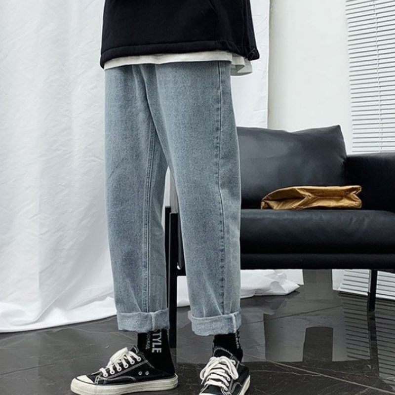 Quần jean ống rộng màu trơn phối dây rút thời trang cho nam size S-3XL