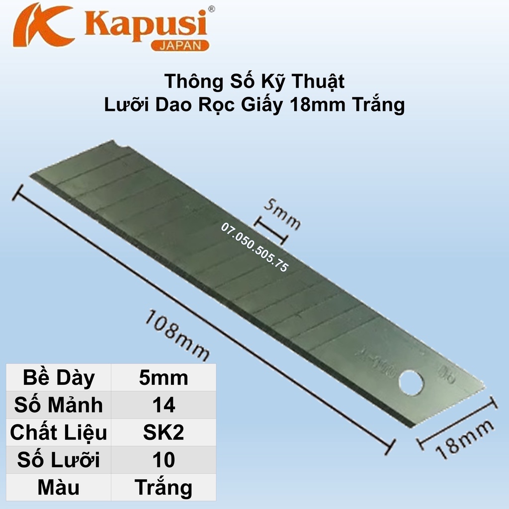 Bộ 10 lưỡi dao rọc đa năng thép Nhật Kapusi JAPAN 18mm, lưỡi dao rọc giấy, cắt thùng bìa carton, rọc băng dính
