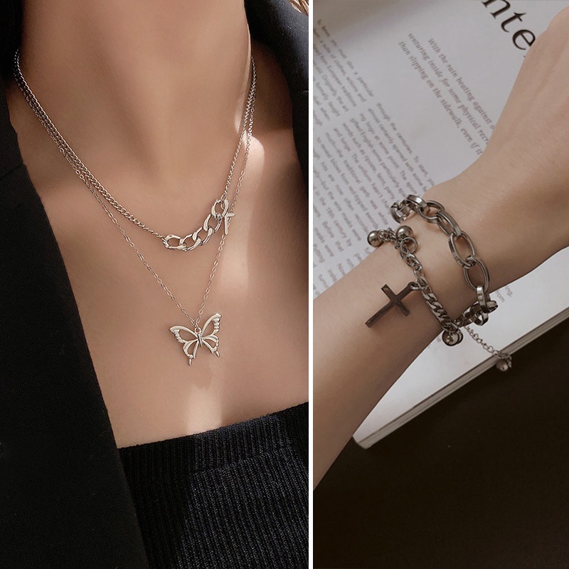 iF YOU Fashion Pearl Butterfly Necklace Bracelet Set Plaid Heart Pendant Necklace Gold Bracelet Women Jewelry Accessories