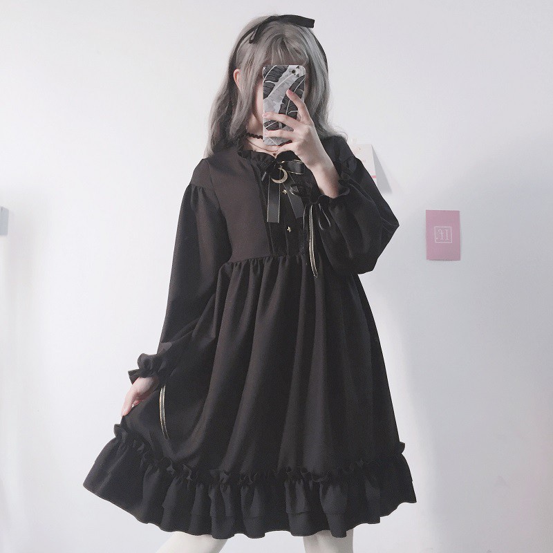 Váy babydoll cổ bèo thắt nơ phối ren tay bồng Lolita - Hàng mới về