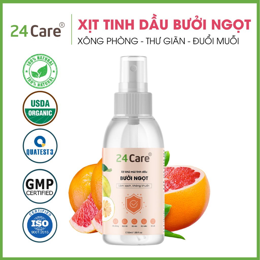 Xịt khử mùi thơm phòng Bưởi Ngọt 24Care 50ml - Kháng khuẩn, khử mùi hôi, đuổi côn trùng, định tâm.