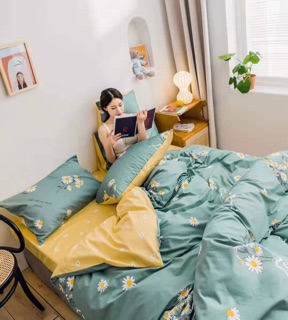 Bộ Drap & Chăn Phao Cotton Poly Cúc Hoạ Mi